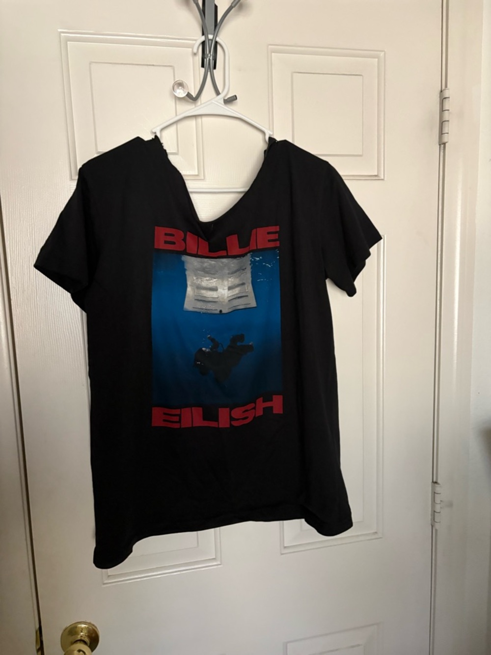 Billie Eilish Graphic Black cut off the shoulder  Tee with Blue Print